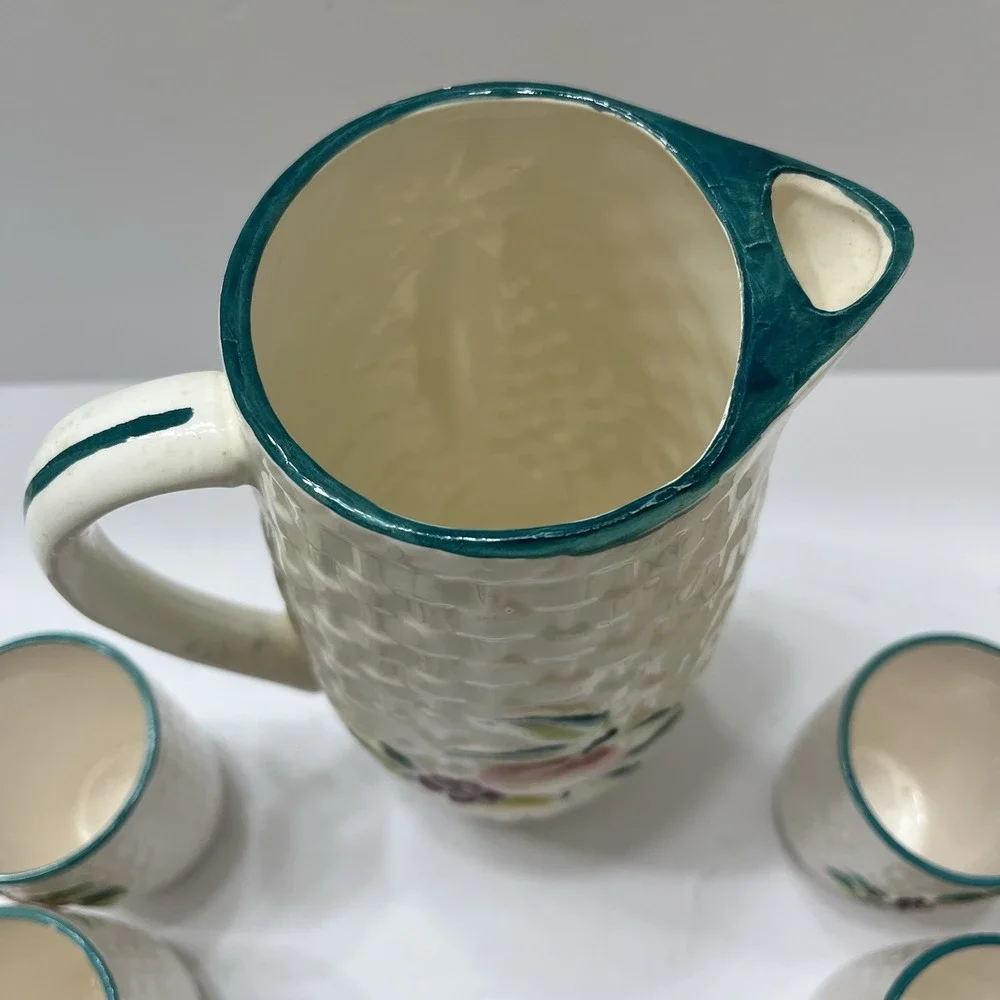 Vintage Hand-Painted Ceramic Picture Basket Weave Tropical Fruit 5 Tumblers
